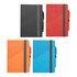 A notebook and pen set featuring a geometric design, available in black, red, orange, and blue. Each includes a matching pen.