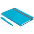 A turquoise notebook with a geometric design and an elastic band, paired with a matching pen.
