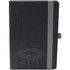 A black notebook with a textured cover and a grey elastic band, featuring a logo embossed on the front.