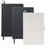 A collection of three A5 notebooks in black, dark grey, and white with elastic closures and a logo.