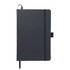 A black A5 journal with a flexible cover, closure elastic, and a ribbon bookmark. It includes a branding logo.
