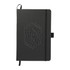 A black A5 journal with an embossed logo, featuring an elastic band and a ribbon marker.