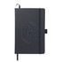 A dark blue A5 notebook with a textured cover and an embossed logo. It features an elastic band and ribbon bookmark.