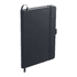A black A5 notebook with a sleek cover, elastic closure, and a ribbon bookmark. It includes a logo on the front.