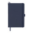 A navy blue leather bound journal with an elastic closure and a bookmark ribbon, featuring a logo on the cover.
