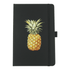 A black leather-bound journal featuring an illustration of a pineapple on the cover. It includes an elastic band closure.