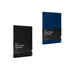 Two hardcover A5 notebooks in black and navy blue, featuring branding and a stone paper design.