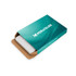 A white power bank in packaging featuring a teal design and a logo. The box is open, revealing the product inside.