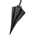 A black golf umbrella with a curved handle and a streamlined design, featuring a logo on the fabric.