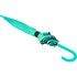 A turquoise umbrella with black accents and a curved handle is neatly folded. It features a logo on the fabric.