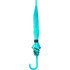 A turquoise auto open umbrella with a curved handle and black detailing. It features a logo on the canopy.