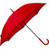 A red fashion umbrella with a curved handle and contrasting black trim, featuring a logo on the shaft.