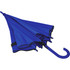 A blue auto open umbrella with a curved handle and contrasting trim. It features a logo on the fabric.