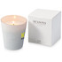 A grey scented candle in a frosted glass holder, accompanied by a white box. The candle is burning, revealing a soft glow.