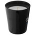 A black scented candle in a sleek holder with a wick, featuring a decorative logo.