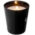 A black scented candle in a sleek container, featuring a glowing flame and a subtle logo.
