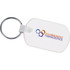 A white rectangular soft key tag with a metal keyring and a logo printed on it.