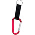 A red carabiner attached to a black strap with a silver keyring. The carabiner features a shiny metallic finish.