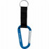 A blue carabiner with a black strap and a circular keyring attachment, featuring branding.