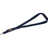 A navy blue lanyard with a clip and a breakaway safety feature, featuring a logo.
