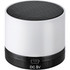 A cylindrical Bluetooth speaker in white and black with a mesh top and a charging port at the base.