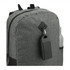 A grey backpack featuring a zippered compartment and a water bottle holder. Includes a keychain attachment.