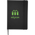 A black 5 X 7 snap elastic closure notebook with a green logo on the front cover.