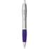 A plastic pen featuring a silver body with a purple grip and a clip, showcasing a sleek and modern design.