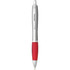 A plastic pen featuring a silver finish and a red grip, with a click mechanism and branding.