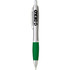 A plastic pen featuring a silver barrel and green grip with a logo on the side.