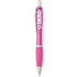A pink plastic pen with silver accents and a clip, featuring a logo.