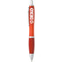 A red plastic pen with a silver clip and a logo on the side. Ideal for writing.