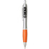 A plastic pen featuring a silver barrel, an orange grip, and a clip, with a logo on the side.