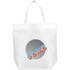 A white reusable grocery tote bag with a graphic design and a logo on the front.