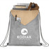 A grey drawstring bag with a tan top, featuring a front pocket and a logo. It contains notebooks, sunglasses, and a pen.
