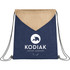 A navy drawstring bag with a tan top panel and a logo printed on the front. Features black drawstrings.