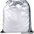 A reflective silver drawstring bag with black accents and a cinched top, featuring a logo.