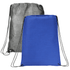 A blue and a grey drawstring bag with heat-sealed seams and black cords, featuring a logo on each.