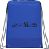 A blue drawstring bag with a textured bottom and a logo printed on the front.