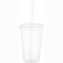 A drink bottle featuring a clear plastic tumbler with a lid and straw, designed for beverages.