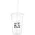 A drink bottle featuring a clear plastic tumbler with a straw and a branding logo.