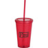 A drink bottle featuring a red plastic tumbler with a straw and a logo.