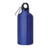 A drink bottle in a deep blue colour with a black cap and a carabiner attachment. It features a logo design.