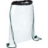 A clear drawstring sportspack with a black trim and green cords. It features a logo on the front.