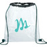 Clear drawstring sportspack with a teal logo, featuring black drawstrings and a transparent design.