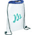 A clear drawstring sportspack with a blue top and green drawstrings, featuring a logo on the front.