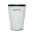 A reusable coffee cup in a sleek white design with a clear lid and a logo.