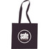 A black cotton tote bag with a circular logo in white. It has two long handles for carrying.