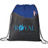 A black and blue drawstring sportspack featuring a front pocket with pens and a logo.