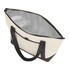 A non-woven boat tote cooler in cream and black with a zippered top and insulated interior. Includes a logo.